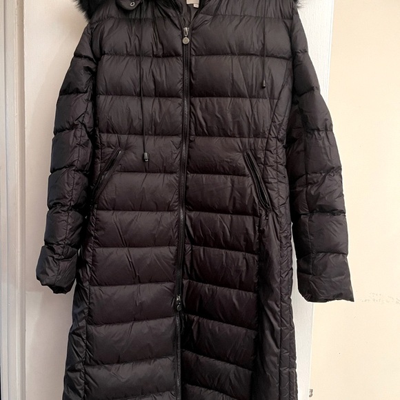 Snowman black down long puffer coat with real fur hood size Large - Picture 3 of 13